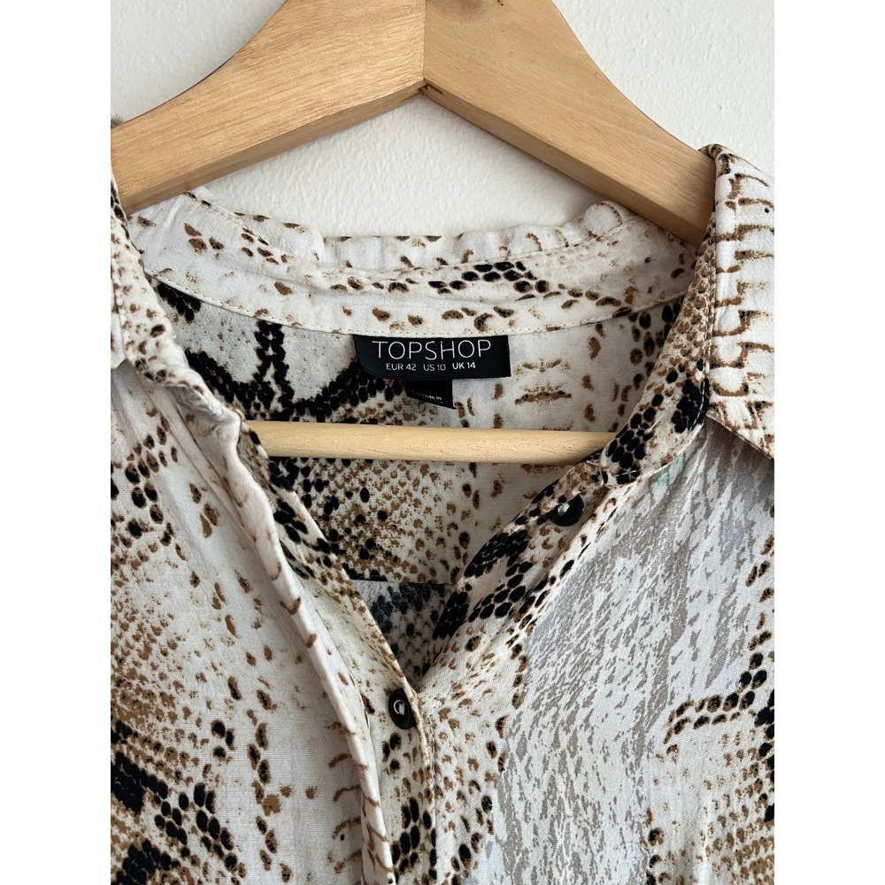 Topshop Snakeskin Print Midi Shirt Dress Tan Cream‎ Mob Luxe High SlitUS 10 - Picture 3 of 14